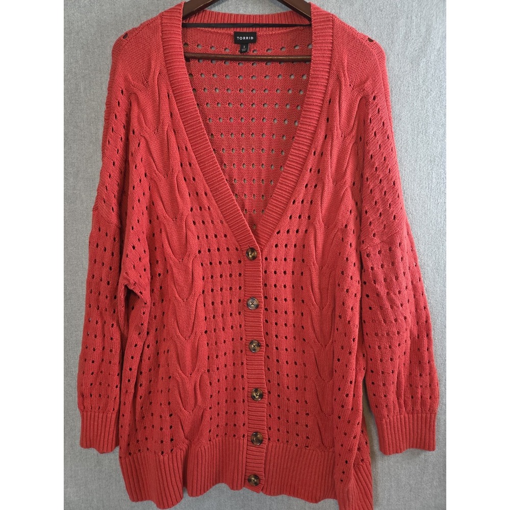 Torrid 3X Cable Crochet Knit Boyfriend Cardigan Sweater Burnt Orange Autumn Y2K - Picture 2 of 9
